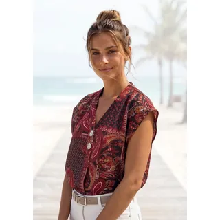 LASCANA Schlupfbluse "mit Paisleyprint und tiefem V-Ausschnitt mit modischen Knöpfen" luftige Kurzarmbluse, lockeres Blusenshirt, Bluse mit Paisleydruck, schwarz, rot bedruckt