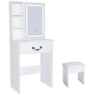 Stilvora Schminktisch in Weiß Frisiertisch mit Hocker, Spiegel, LED und Stauraum, für kleine Schlafzimmer, B60/H131.5/T36cm , Holzwerkstoff , 2 Fächer , Rechteckig,Rechteckig , 60x131.5x36 cm , Schlafzimmer, Schminktische