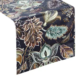 Eurofirany Tischdecke Tischläufer Samt Blumenmuster Blumen Blätter Blattmuster Tischdekoration Tischband Tischtuch Velvet Edel Elegant 1 STK, Marineblau, 33 x 140 cm