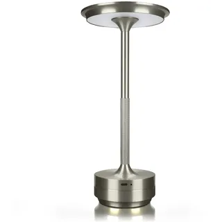 MMOBIEL Kabellose LED-Tischlampe Wiederaufladbare Runde Metalllampe mit Touch-Steuerung, Stufenloser 3-Farb-Dimmung, USB-C, 1800mAh Akku für Schlafzimmer, Restaurant, Innen & Außen – Silber