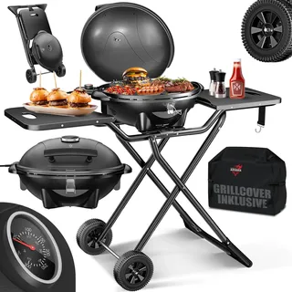 KESSER® elektrischer Elektrogrill 2in1 Tischgrill - Standgrill mit Deckel und Standfuß | max. 2400 Watt | Faltbar | Thermometer | Antihaftbeschichtung | Grillplatte Abstelltische | 2 Räder |