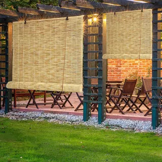 Anpassbar Bambusrollo, 40-170cm Breit Schnurlos Schilfrollos, Bambus Handgewebt Rollo, Sonnenschutz/Atmungsaktiver/Wetterfest, Für Fenster/Balkon/Terrasse/Innen/Außen ( Color : Natural white line )