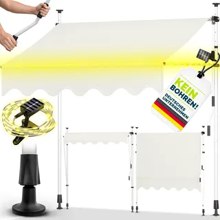 tillvex Klemmmarkise 200 cm Beige mit Solar LED mit Handkurbel Balkon | Balkonmarkise ohne Bohren | Markise UV-beständig & höhenverstellbar | Sonnenschutz wasserdicht - Beige