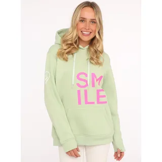 Hoodie ZWILLINGSHERZ "Alissa", Damen, Gr. SM (S/M), grün (salbei), Sweatware, Obermaterial: 50% Baumwolle, 50% Polyester, normal hüftlang, hoch geschlossener Ausschnitt, Bündchen, Sweatshirts Hoodie, Langarm, Kapuze, Neon-Details, Kordelzug, Frontprint, Kängurutasche