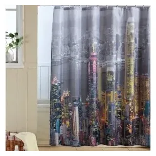 MSV Duschvorhang, Polyester, 180 x 200 cm, Edelstahl, PS, Motiv: Hong Kong/Weiß