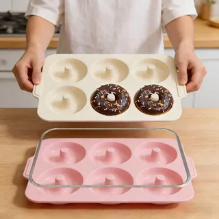 Toeusog 2-Stück Silikon Donuts Backform: Donut Form Groß 6 Hohlräume mit Metallrahmen - Antihaft Donutform Bagel Backen - Antihaft Donutblech Backzubehör zum Kindergeburtstage (Rosa & Beige)