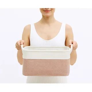 Mangata Aufbewahrungskorb aus Weichem Stoff, Kleine Aufbewahrungsbox mit Kordelgriffe, Rechteckige Behälterkörbe für Schrank, Kleiderschrank, Bad, Regal, 31 x 21 x 16 cm, Rosa und Weiß