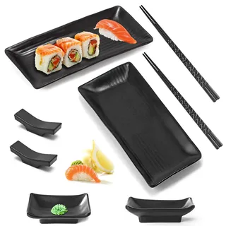 qhklew 8 PCS Japanisches Sushi Geschirr Set, Sushi Platte mit Dipschalen, mit 2 Paar Essstäbchen, 2 Essstäbchenablagen, 2 Teller, 2 Dipteller, Geeignet für Restaurants, Familien und Hotels
