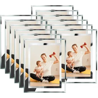 Hoikwo 12er-Set Bilderrahmen 13x18 cm, Glasfotorahmen für 18x13cm Fotos, Bilderrahmen Silber für Schlafzimmer Büro und Wohnzimmer, Fotorahmen nur für Tischaufsteller