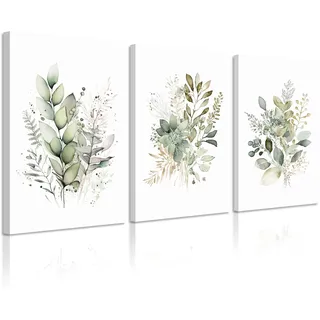 Aquarell Botanische Wandkunst, Set mit 3 Boho-Blumen, Leinwand-Wanddekoration, Drucke, Salbeigrün, Wildblumen, Wandkunst, moderne Blumenbilder, botanische Malerei für Schlafzimmer, Badezimmer, 30,5 x