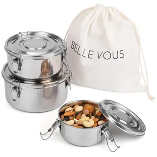 Belle Vous 3er Pack Brotdose Edelstahl - Lunchbox Set mit Tasche - Bento Box - Auslaufsichere Lunchbox - Metall Vesperdose für Snacks Obst Müsli Suppen - Brotzeitbox BPA-frei
