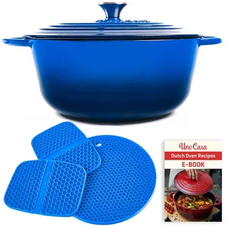 Uno Casa Blau Emaillierter Dutch Oven Gusseisen Topf - Dutch Oven 6 Liter Bräter mit Deckel, Langlebig, Natürliche Antihaft-Emaille-Beschichtung mit Silikongriffen und Untersatz