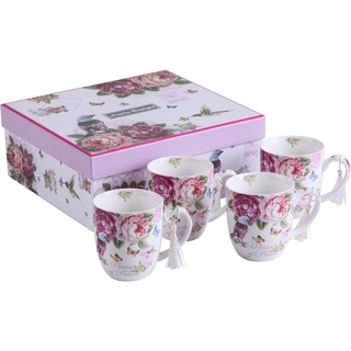 London Boutique k414 COFFEE CUPS Bird rose butterfly Kaffeetassen-Set aus feinem Porzellan, Shabby-Chic-Stil, Vintage-Retro-Flora, Geschenk für sie, 330 ml, Vogelrose, Schmetterling, 4 Stück