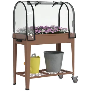 Mobiles Hochbeet mit Gew?chshausaufsatz und Ablage, 80x40x120 cm, Braun, transparente PE-Abdeckung aufrollbar, 2 Rollen mit Bremse, inkl. Vlieseinlage und Drainage