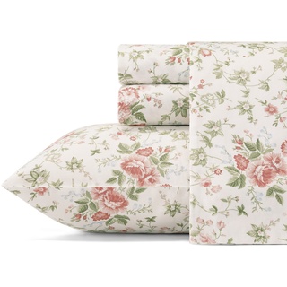 Laura Ashley Sheets Weiches Satin-Baumwoll-Bettwäsche-Set – schlank, glatt und atmungsaktiv, Heimdekoration, Lilian Pink/Grün/Weiß, King, 4