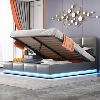 Flieks Polsterbett mit LED, hydraulisches Boxspringbett 160x200cm mit Lattenrost und Stauraum, Doppelbett Holzbett Jugendbett Kunstleder, Grau - Grau