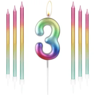 Regenbogen-Kerze mit 6 langen Stabkerzen, Metall-Stil, Regenbogen-Geburtstagskerze, Kuchendekoration, Happy First Birthday-Kerze, farbige Kuchendekoration für Mädchen und Jungen,