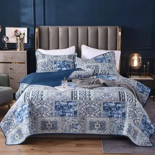 Qucover Patchwork Tagesdecke Patchworkdecke aus Reiner Baumwolle, Bettüberwurf für Doppelbett, Vintage Sommerdecke, Zweiseitge Decke mit Kissen Set, Gesteppt & Wattiert (Blau, 250x270cm)