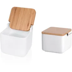 KOOK TIME Set Salzdose und Zuckerdose - Keramik mit deckels aus umweltfreundlichem Bambus - Praktischer behälter für die Küche, Salzfass Keramik mit Deckel, Ideal als Salzgefäß - Weiß