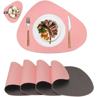 Platzsets Abwaschbar Leder,Tischsets Abwaschbar Rund,Platzdeckchen Abwaschbar Rund,Tischset Lederoptik,Doppelseitigen Platzset und Untersetzer Teller 4er Set Oval(Rosa&Grau)