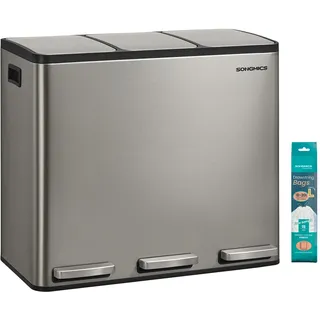 Abfalleimer 3 Fächer, Mülleimer 3 x 18 L, Tretmülleimer Softclose-Deckel, Küche, herausnehmbare Inneneimer, silbern