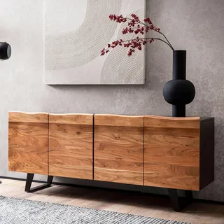 WOHNLING Sideboard Akazie Massivholz 180x75x45 cm Anrichte Schwarz mit Baumkante Kommode mit Türen Kommodenschrank Flurschrank Modern Standschrank - Schwarz