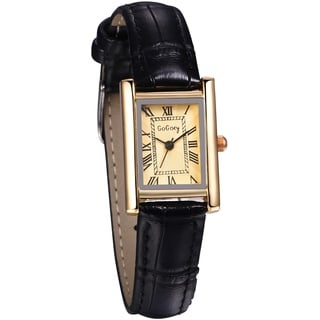 JewelryWe Uhren Damen Leder Rechteckig: Vintage Analog Quarz Armbanduhr Frauen Schwarz Leder Armband Uhr Kleine Damenuhr mit Gold Rechteck Römischen Zahlen Zifferblatt