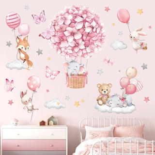 decalmile Wandtattoo Heißluftballon Rosa Wandaufkleber Tiere Ballon Blumen Elefant Bär Wandsticker Babyzimmer Kinderzimmer Schlafzimmer Wanddeko