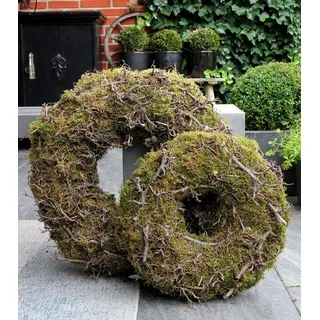 Rustikaler Mooskranz für draußen mit Bonsai-Ästen, 60 cm Durchmesser, Gartendekoration - Grün