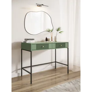 „Iseo” – Moderner, geräumiger Schminktisch mit zwei Schubladen für Wohnzimmer oder Schlafzimmer, smoke green – schwarz, 104,3 x 79 x 50, geriffelte - Grün, Schwarz, Gold