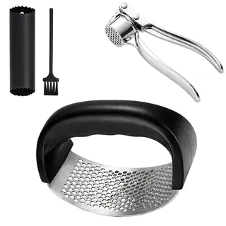 Knoblauchpresse Set 4-Teilig, Edelstahl Knoblauchpresse Wippe Mit Reinigungsbürste, Knoblauchwippe Knoblauchschneider Zerkleinerer, Garlic Press Spülmaschinenfest Für Küche Kochen, Silikon-Schäler
