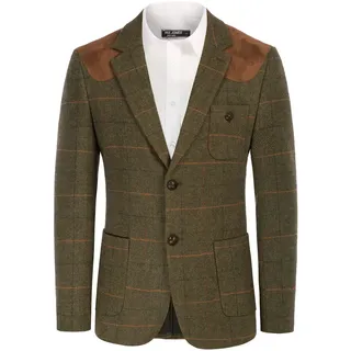 PJ PAUL JONES Herren-Blazer aus britischer Wollmischung, Patchwork-Tweed-Sportmäntel, Oliv (kariert), S