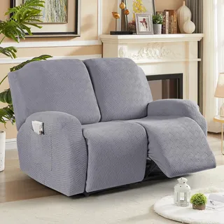 KinCam Stretch sesselschoner mit armlehne, ohrensessel überzu, sesselschoner für relaxsessel und Fernsehsessel, weich waschbar Sofa bezug für Kinder, Hund und Haustieres (2-Sitzer, Hellgrau)
