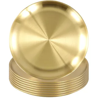 SYUTBOU 8 Stück 20 cm Rund Gold Tablett, Goldene Serviertablett aus Edelstahl, Golden Speiseplatte Teller für Speisen, Servieren