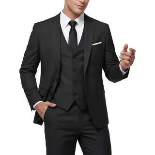 MY'S Herren 3-teiliges Slim-Fit-Anzug-Set, 2-Knopf-Blazer-Jacke, Weste, Hose mit Krawatte, solides Hochzeitskleid, Smoking und Hose, Schwarz, Large