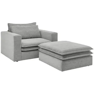 Furn.Design Loveseat Set hellgrau Cord, Couch Loungesessel inklusive Hocker , Hellgrau , Holz, Textil , Nachbildung , 176x83x125 cm , Wohnzimmer, Sessel, Polstersessel
