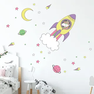 Wandsticker für Kinder, Dekoration Babyzimmer, Wandaufkleber für Kinderzimmer, Einhorn und seine Rakete im Weltall, H60 x L90 cm
