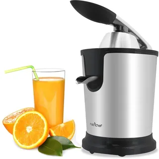 NutriChef Elektrische Zitruspresse, 160 W Orangenpresse aus Edelstahl mit Hebelarm – Leistungsstarke Saftpresse für Orangen, Zitronen und Limetten, tropffreier Ausguss, spülmaschinenfest