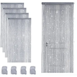 4 Stück Fadenvorhang Türvorhang 100x200cm, Glitzer Fransenvorhang als Raumteiler und Fensterdekoration, Perlenvorhang Türdekoration für Hochzeit Party Zuhause Café und Restaurant (Silbergrau)