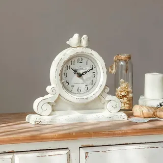 Nikky Home Vintage Kamin-Tischuhr mit 2 Vögeln, leise, Nicht tickend, batteriebetrieben, Schreibtischregal, rustikale Holzuhr für Wohnzimmer-Dekoration, Used-Look, Weiß