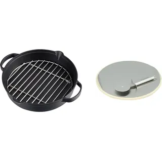 Campingaz Bratpfanne aus Gusseisen mit Grillrost aus Edelstahl, Ø 31,6 cm & Pizzastein für das Culinary Modular System mit Schneidrad, Edelstahltablett zum einfachen Aufbringen, Ø 30 cm, 1,56 kg