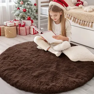 Homaxy Hochflor Waschbar Klein Teppich Wohnzimmer 120 cm Rund, Braun