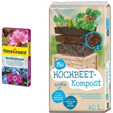 Floragard Rhodohum 40 L • Spezialerde • für Rohododendron, Azaleen, Blaubeeren und andere Moorbeetpflanzen • zur Bodenverbesserung • mit dem Naturdünger Guano & Universal Bio Hochbeet-Kompost 40 Liter