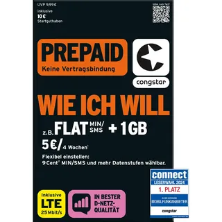 congstar Prepaid wie ich Will SIM-Karte ohne Vertrag I Prepaid-Guthaben Wunschmix in D-Netz-Qualität I frei wählen 1-15 GB & 9 Ct. pro Min/SMS – Flat I alle 4 Wochen neu Mixen I 10 EUR Startguthaben