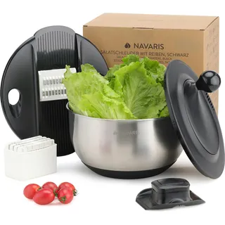 Navaris Salatschleuder mit Deckel - Salatschleuder Edelstahl - Salat Trockner - Einfaches Waschen, Trocknen und Schleudern - Inklusive Reibe- und Schneidescheiben