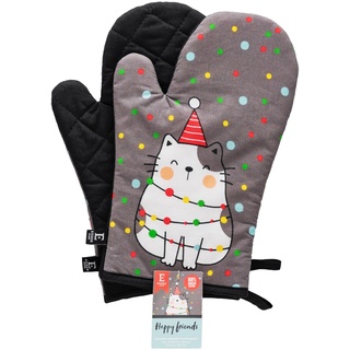 ESSEX - Ofenhandschuhe Hitzebestaendig Happy Friends, Modernes Weihnachten Topflappen Handschuh Set, aus Baumwolle, 19 x 30 cm, Ausgezeichneten Qualität - Grau