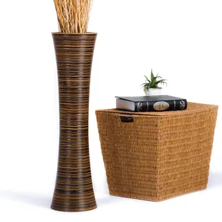 Leewadee Große Deko Bodenvase Für Dekozweige, Hohe Standvase Für Pampasgras, Design Holzvase, 65 cm, Braun