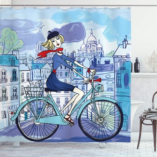 ABAKUHAUS Paris Duschvorhang, Frau auf dem Fahrrad mit Katze, Stoffliches Gewebe Badezimmerdekorationsset mit Haken, 175 x 200 cm, Violett und Blau