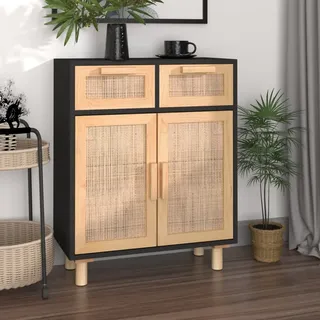 vidaXL Sideboard Schwarz 60x30x75cm Massivholz Kiefer und Natur-Rattan - Schwarz