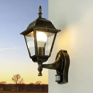 Licht-Erlebnisse Außenlampe mit Bewegungsmelder Aluminium Glas in Antik Gold IP44 Balkon T:20 cm E27 Laterne Rustikal Landhaus Wandleuchte Außen TIROL